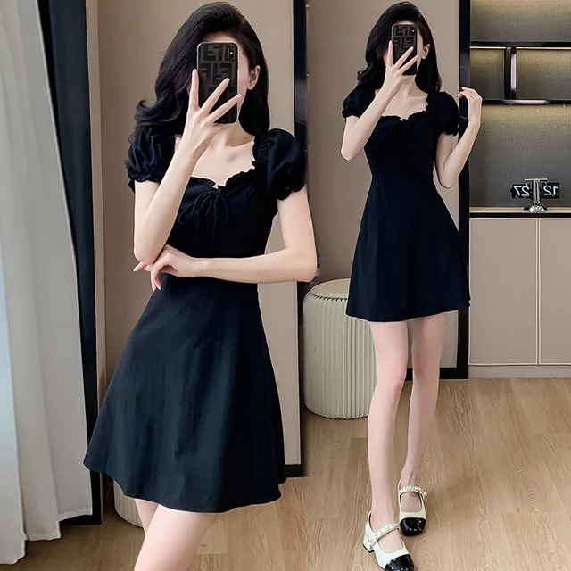 法式赫本风气质短袖连衣裙子2025女装夏季新款显瘦小个子约会黑裙