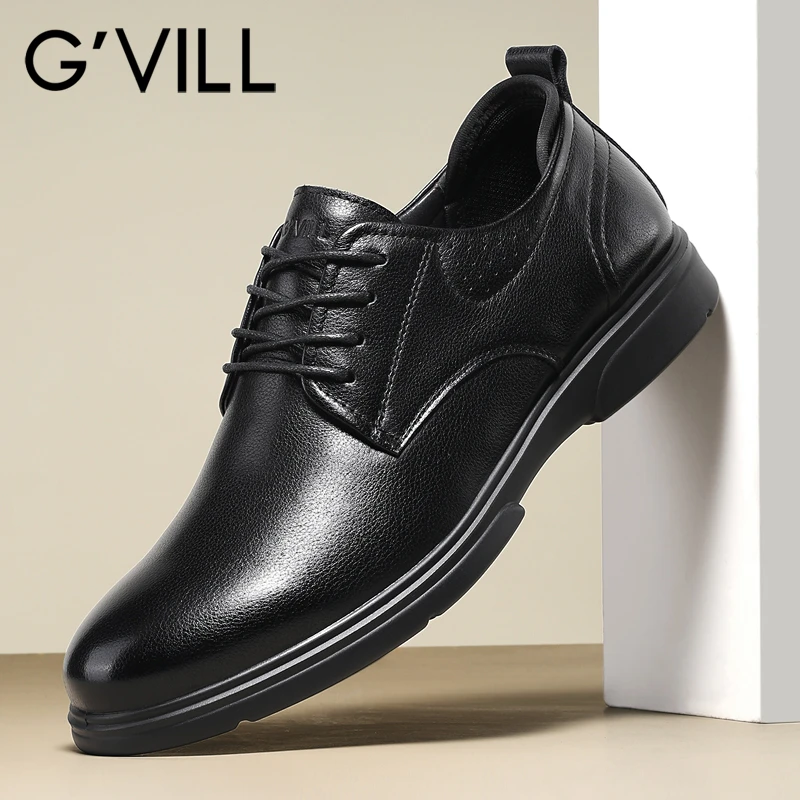 G'VILL/贵之步正装皮鞋男2025年春季头层牛皮休闲黑色百搭商务鞋