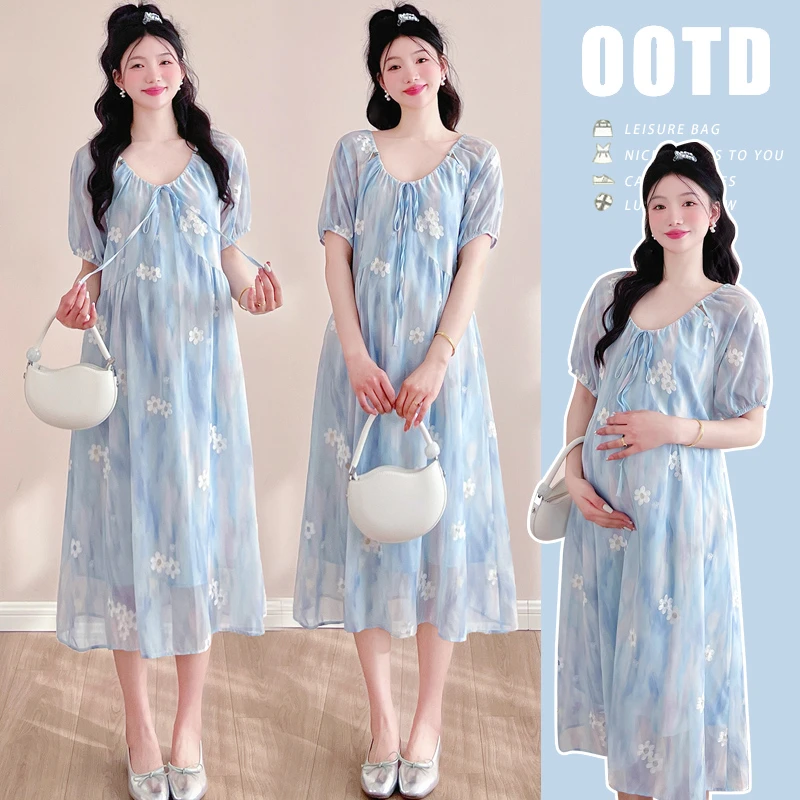 孕妇装夏装2025韩版时尚连衣裙刺绣工艺时尚宽松潮妈长款连衣裙子