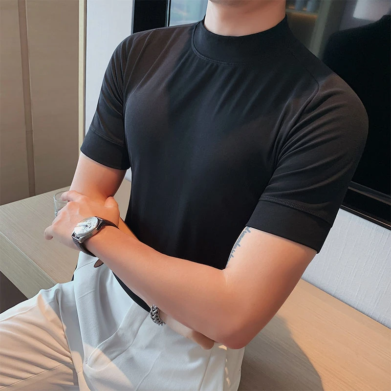 半高领短袖t恤男韩版修身春秋商务休闲时尚纯色百搭弹力打底衫男