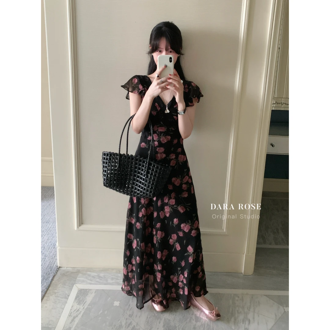 DARAROSE玫瑰花气质优雅v领小飞袖显瘦收腰短袖连衣裙S5630