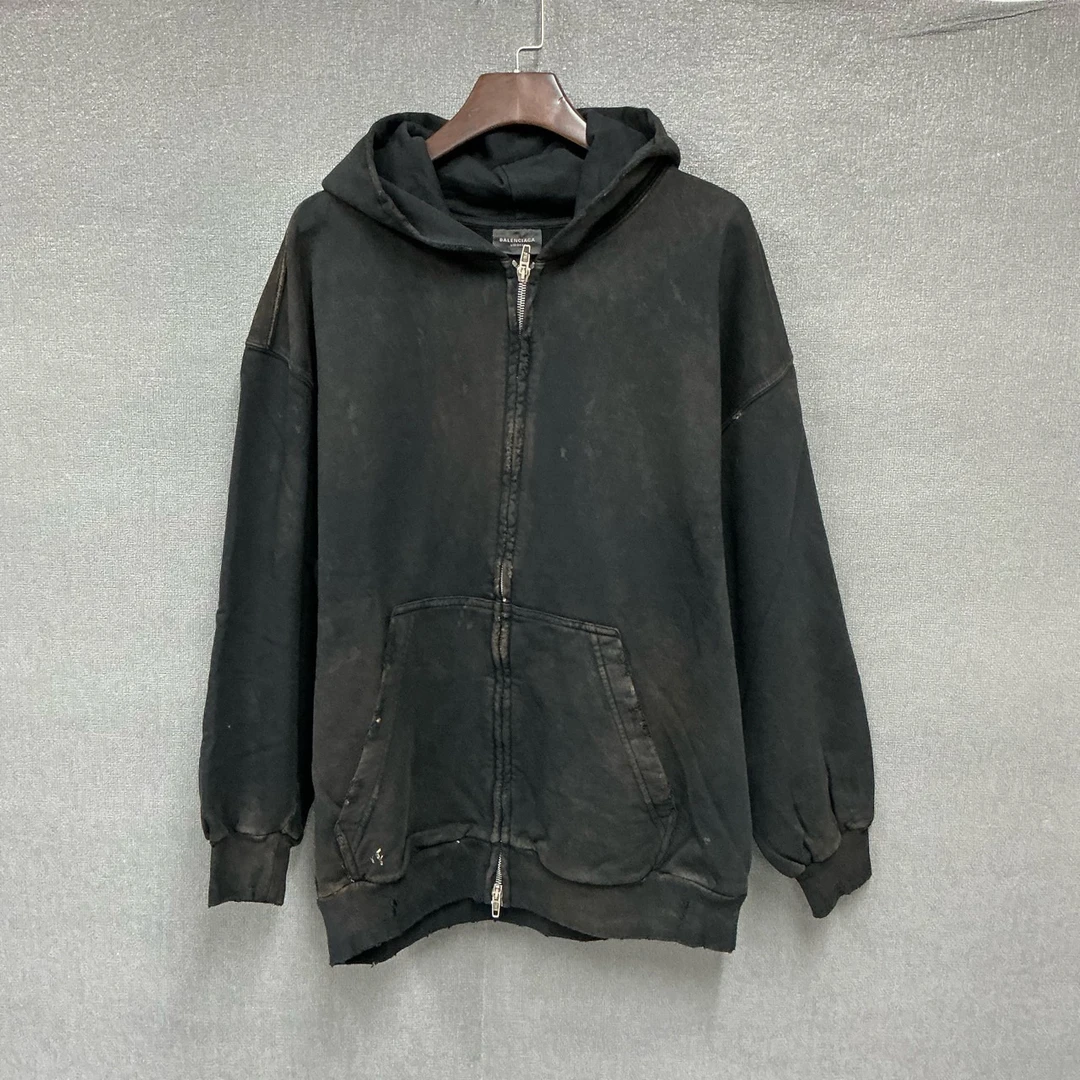 全新未使用 Balenciaga/巴黎世家 泥染做旧拉链帽衫带吊XS S码
