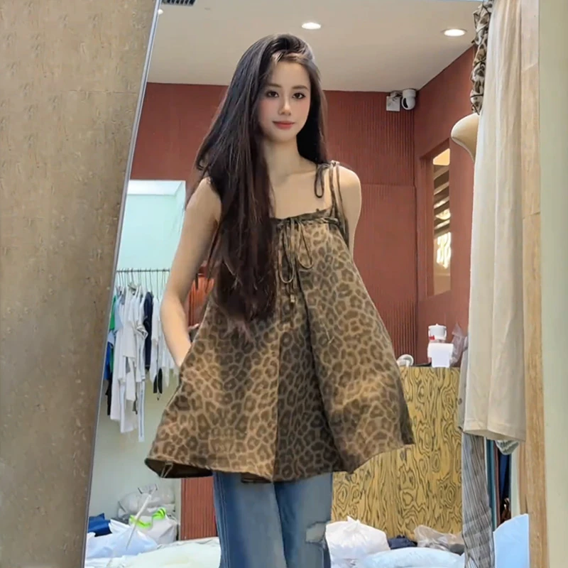 夏季新款美式辣妹豹纹抹胸背心纯欲性感上衣时尚微喇牛仔裤套装女