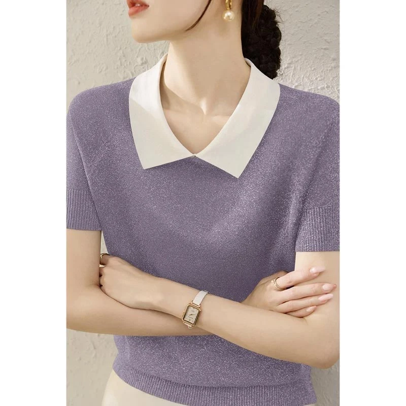 2025夏季新款女装针织衫韩系宽松上衣小众设计感简约拼色显瘦短袖