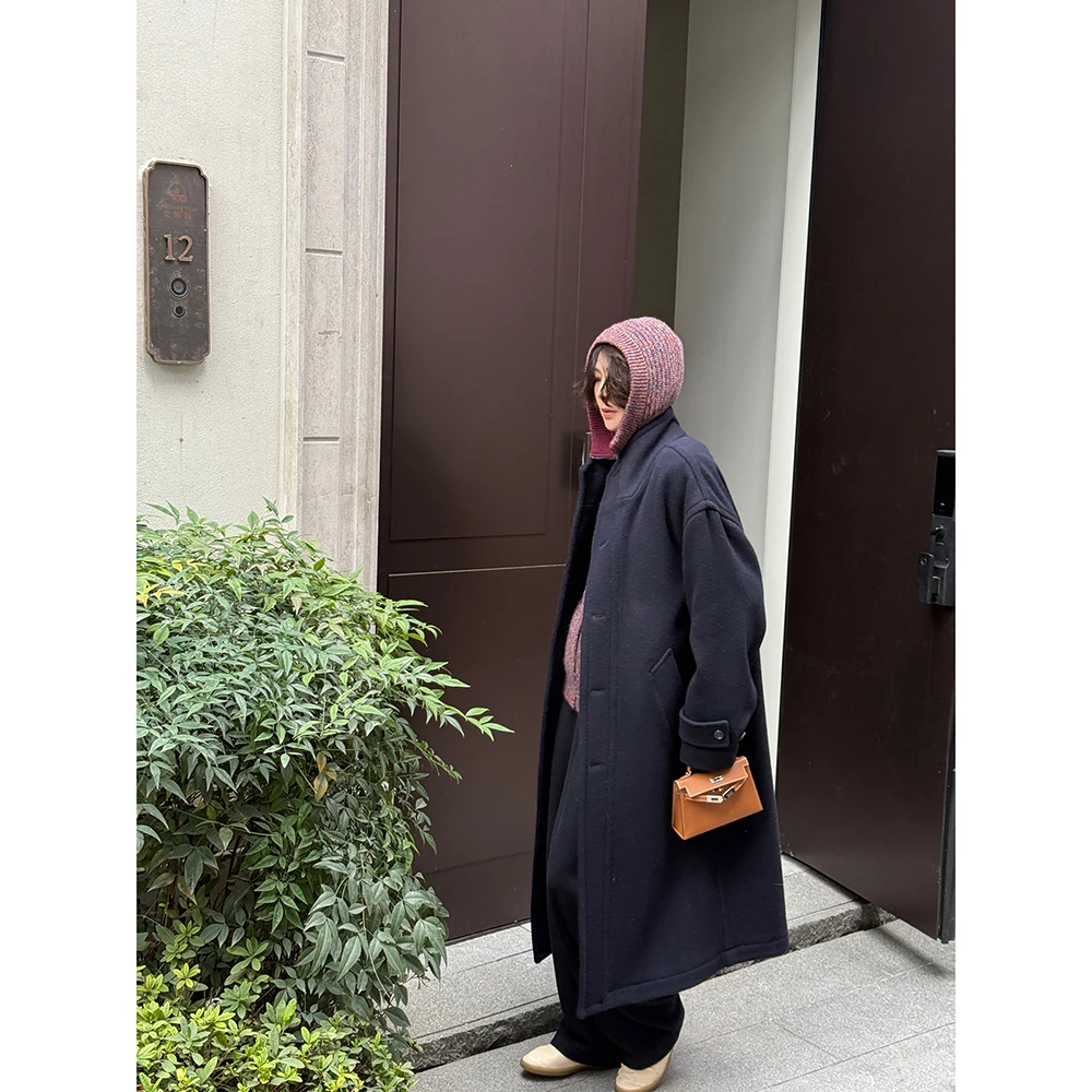 SHIIEELL重磅立领廓形排扣长款绵羊毛大衣外套P6028