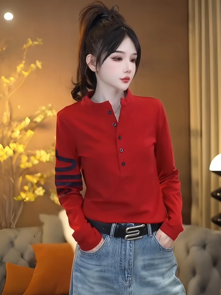 新款别致百搭休闲洋气打底衫春秋时尚修身显瘦纽扣长袖t恤女上衣