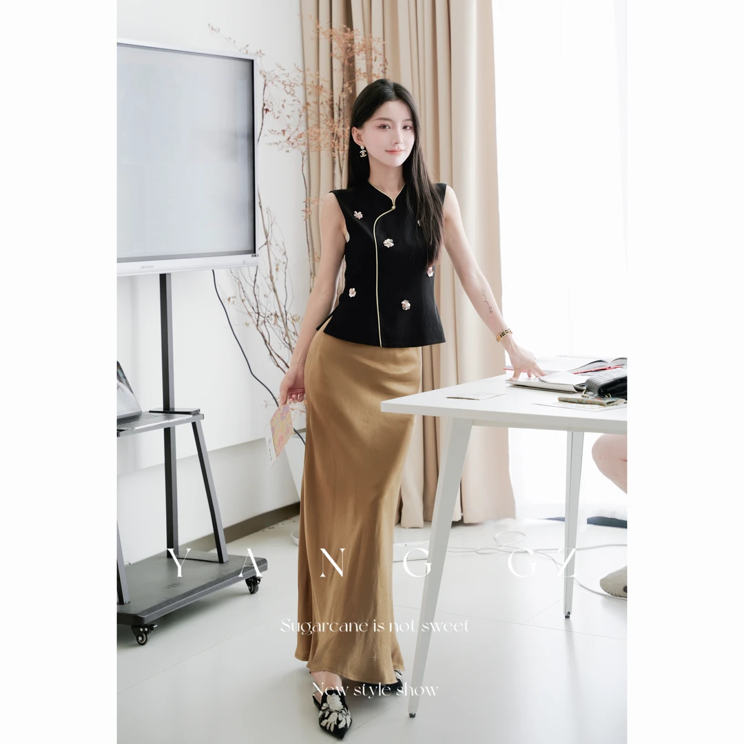 YANG GZ【幽兰】新款醋酸混纺素雅收腰无袖坎肩女 GZ5152SH602383
