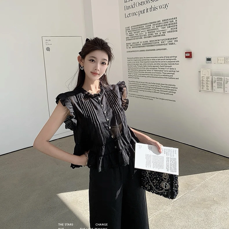 "南法小甜猫系列"精致慵懒在午后蔓延100苎麻荷叶边/花边时尚套装