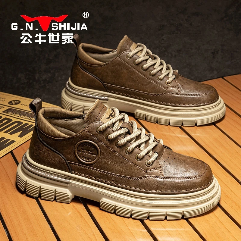 公牛世家男士春季低帮马丁工装鞋厚底休闲皮鞋时尚英伦潮流鞋子男
