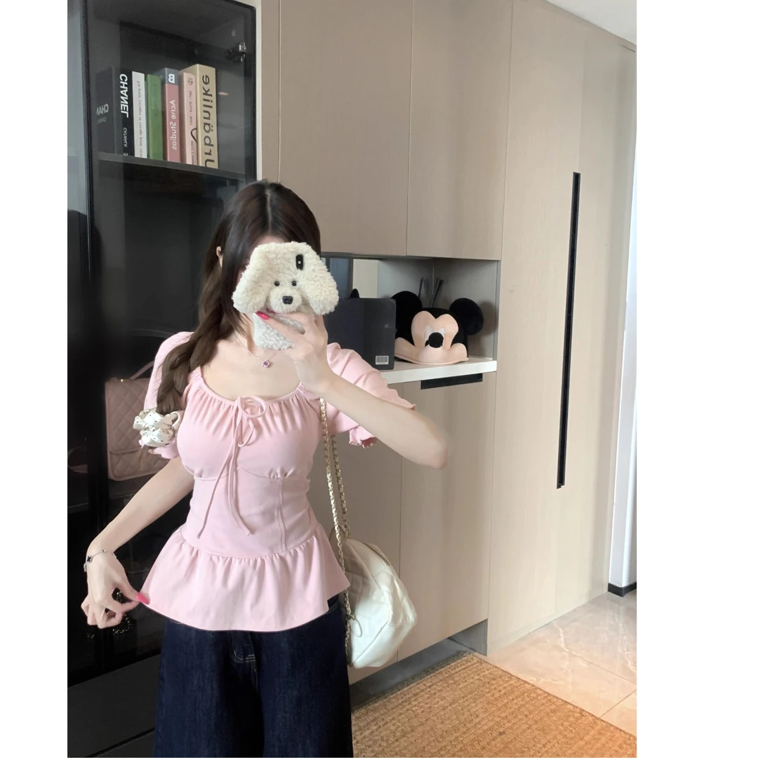 大码胖mm温柔风荷叶边短袖T恤女2025夏季新款遮肚子显瘦小衫上衣