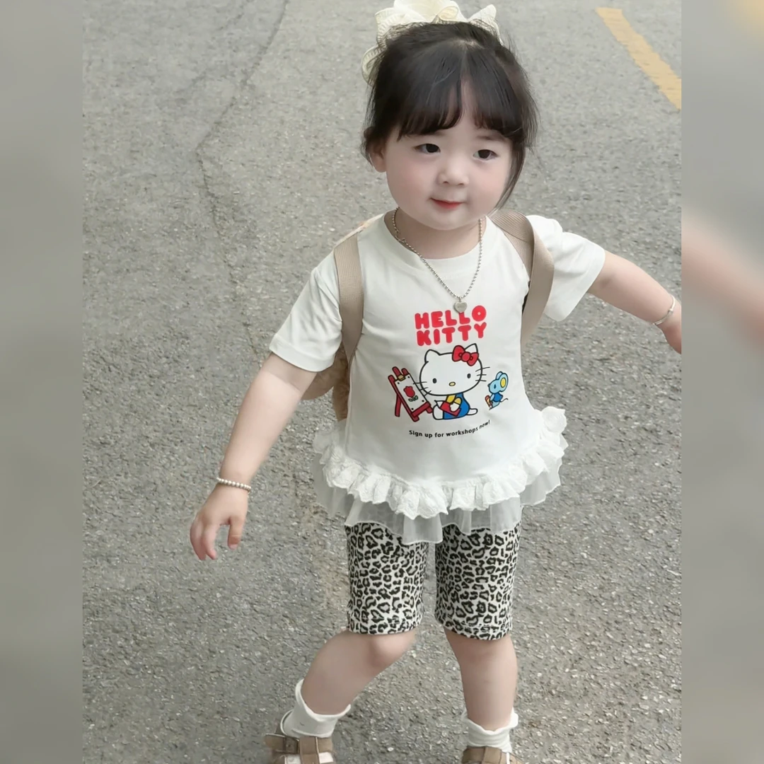 25女宝夏季新款甜美可爱KT猫印花短袖宝宝裙摆上衣豹纹五分裤套装