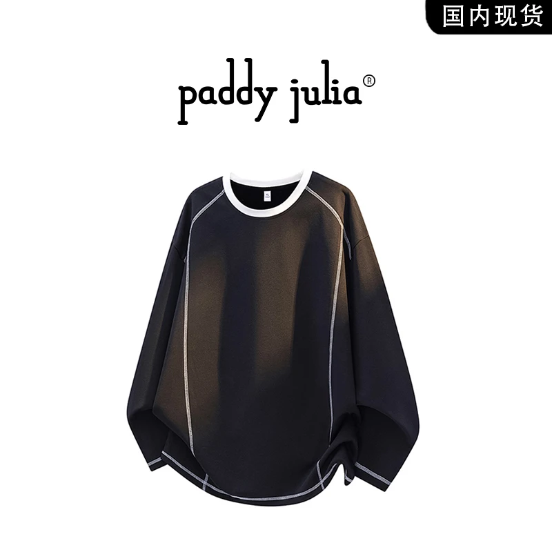 Paddy julia美式重磅长袖T恤男款春秋季线条感圆领上衣百搭打底衫