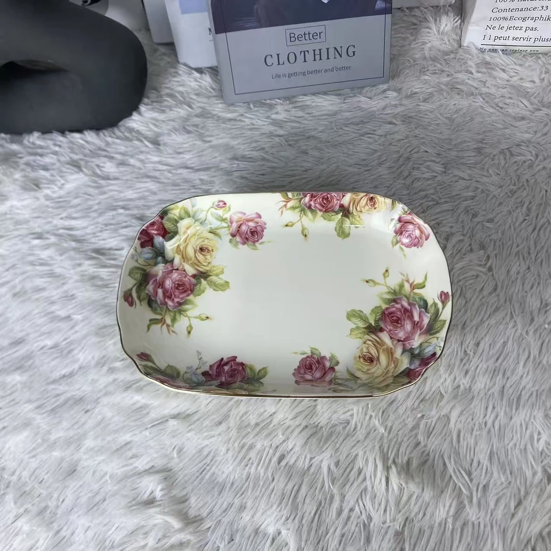 陶瓷欧式象牙黄老镇玫瑰椭圆形鱼盘