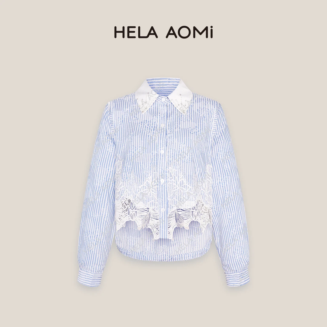 HELAAOMI“花涧剪影”蕾丝拼接翻领长袖条纹衬衣CY5AC11403