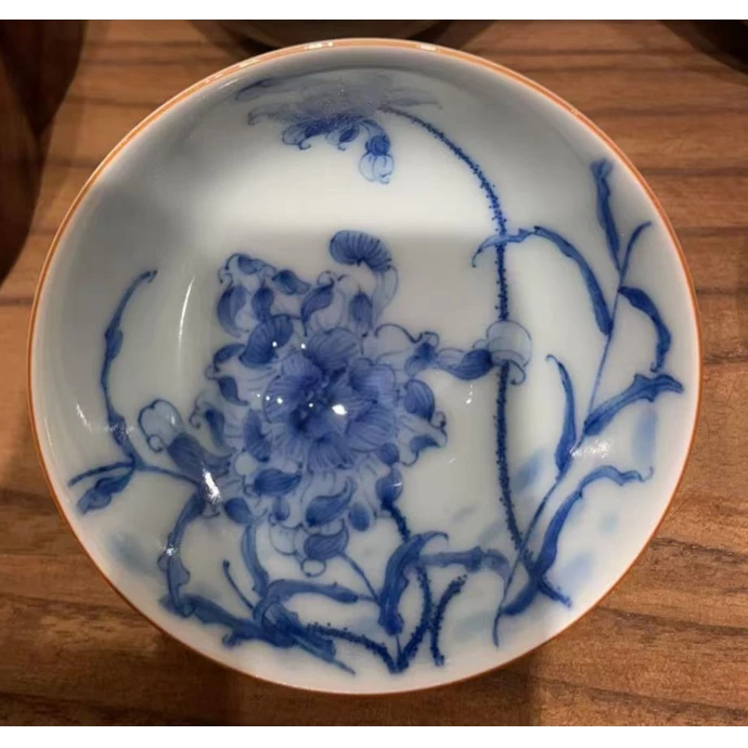 WYFQ青花内绘荷花鸡心杯茶道零配