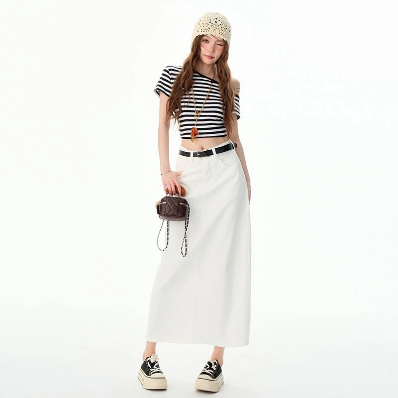 白色牛仔半身裙女弹力2025新款高腰显瘦a字直筒裙后开叉包臀裙子