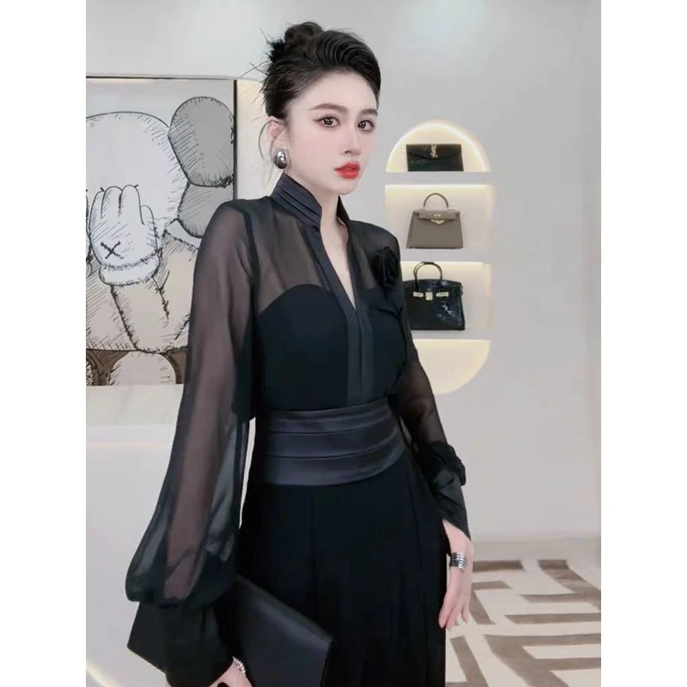 陈大漂亮【黑玫瑰】黑色薄纱长袖衬衫设计感雪纺立体玫瑰花上衣8173