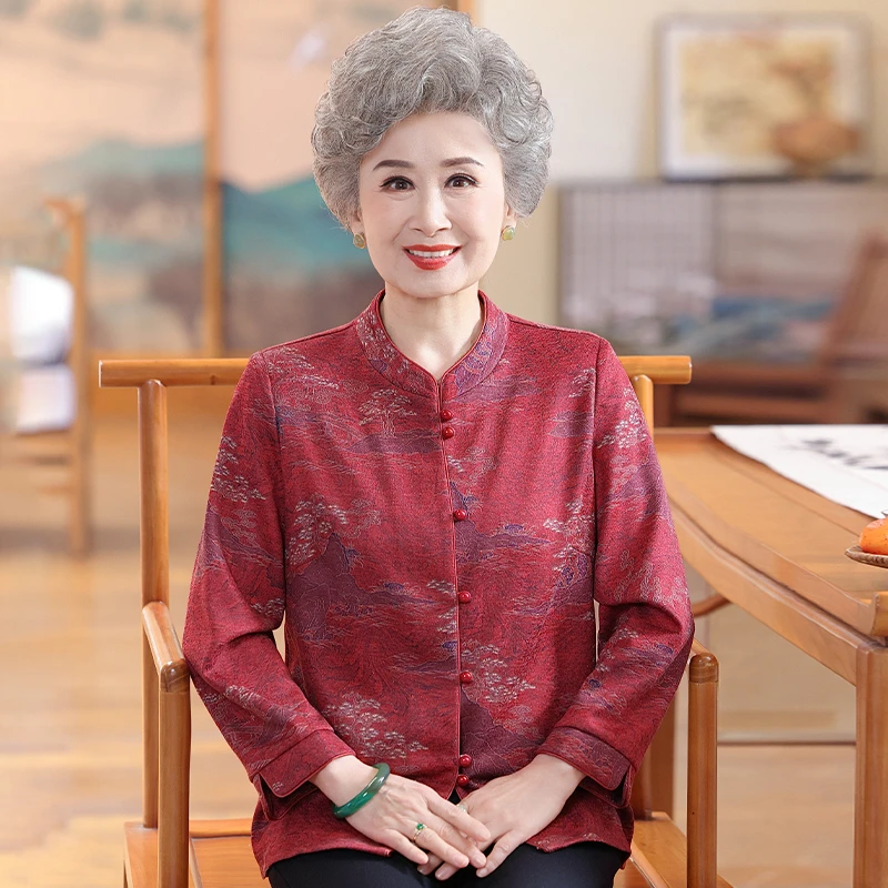 奶奶装秋装女洋气衬衫外套中老年妈妈春秋喜庆婚礼装气质上衣服