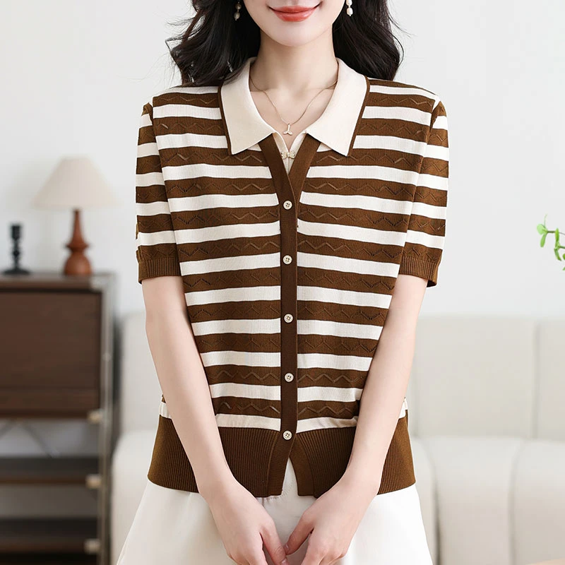 2025夏季新款高档天丝短袖T恤女时尚百搭宽松显瘦薄款条纹针织衫