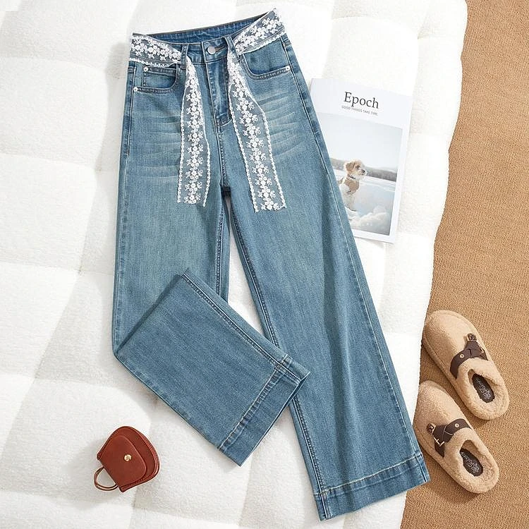 【双朵甄选·牛仔裤】海蓝色高腰蕾丝系带春夏季新修饰腿型显瘦长裤