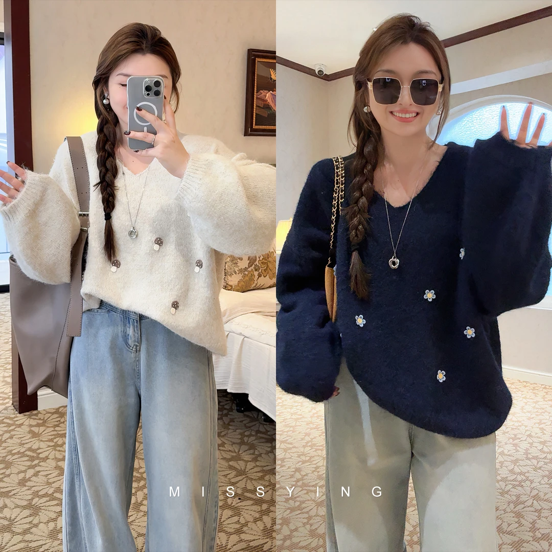 应小姐【小雪绒】微胖大码秋季显瘦长袖休闲风时尚长袖毛针织衫0228