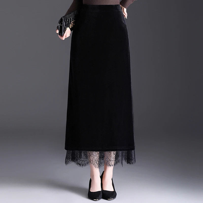 金丝绒直筒半身裙蕾丝边拼接中长裙秋季新款松紧腰高腰气质一步裙