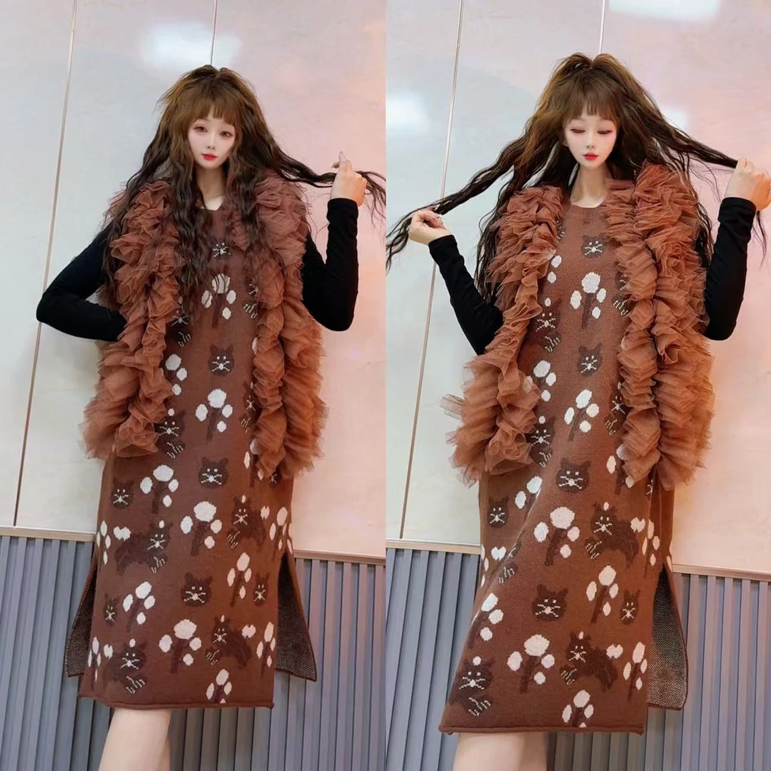 0174【熙妮潮牌】泰设计师款猫咪针织毛衣马甲拼纱袖宽松慵懒