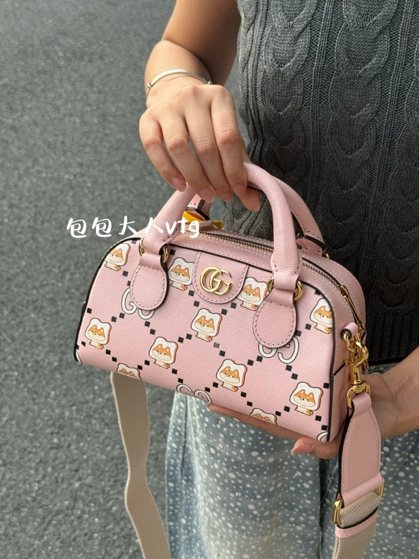 99新 GUCCI/古驰 樱花粉Ophidia小狗限定波士顿单肩包