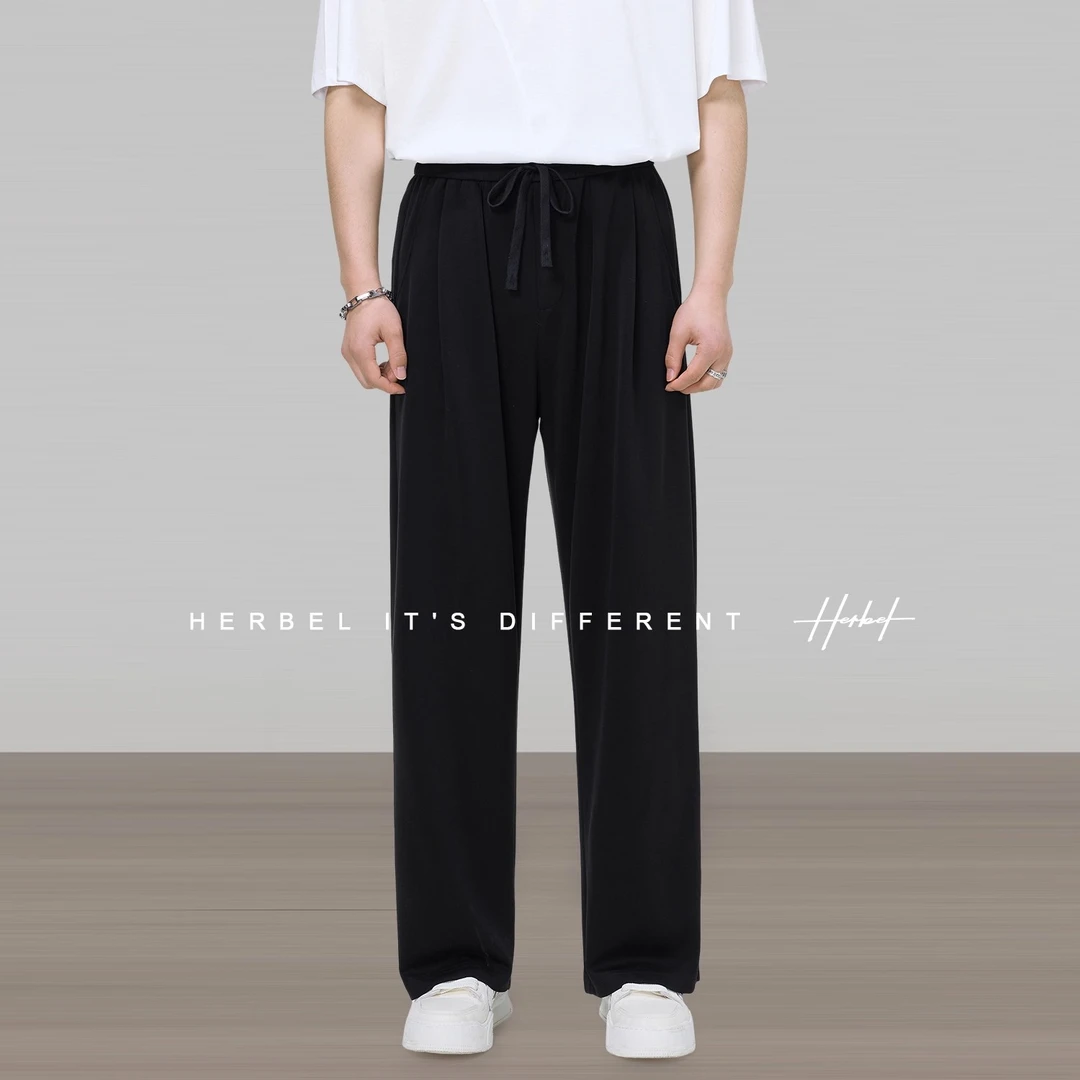 HERBEL/黑白夏季新品设计款男士极简风透气凉感休闲垂感直筒长裤
