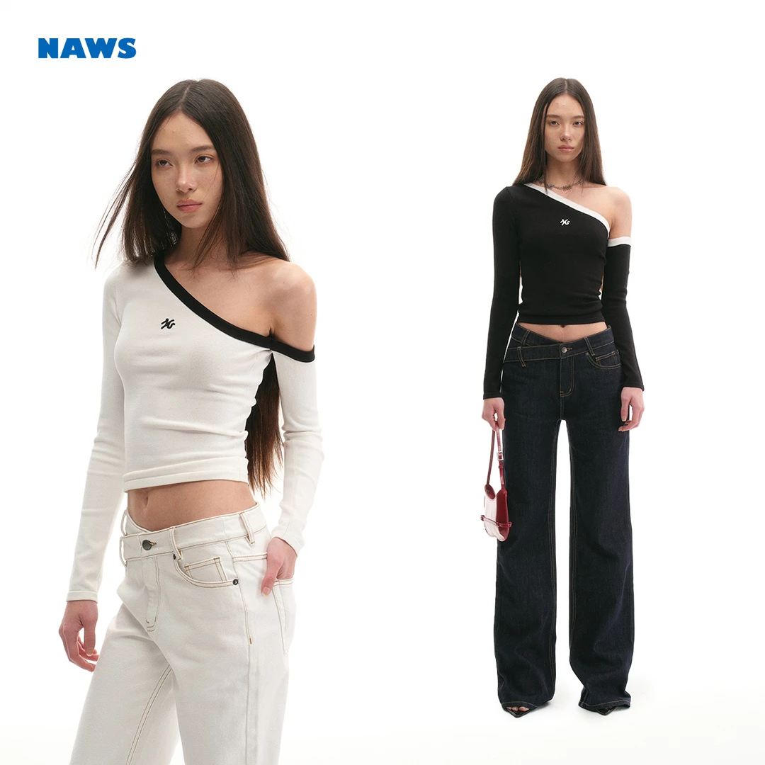 NAWS 雕塑针织衫 撞色修身斜肩小众露肩紧身显瘦长袖上衣
