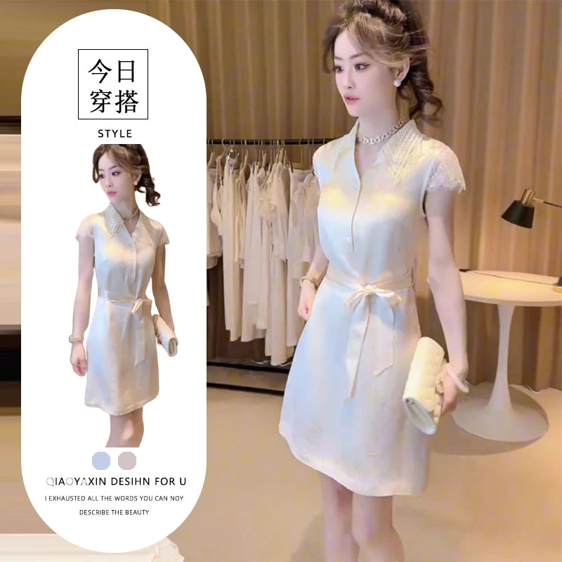 夏季绝美短裙气质高级感大方得体独特漂亮蕾丝边短袖白色连衣裙子