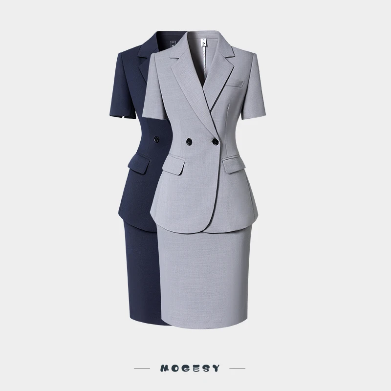 高级感夏季短袖长裤西装商务通勤套装灰色薄款立体职业西服套装女