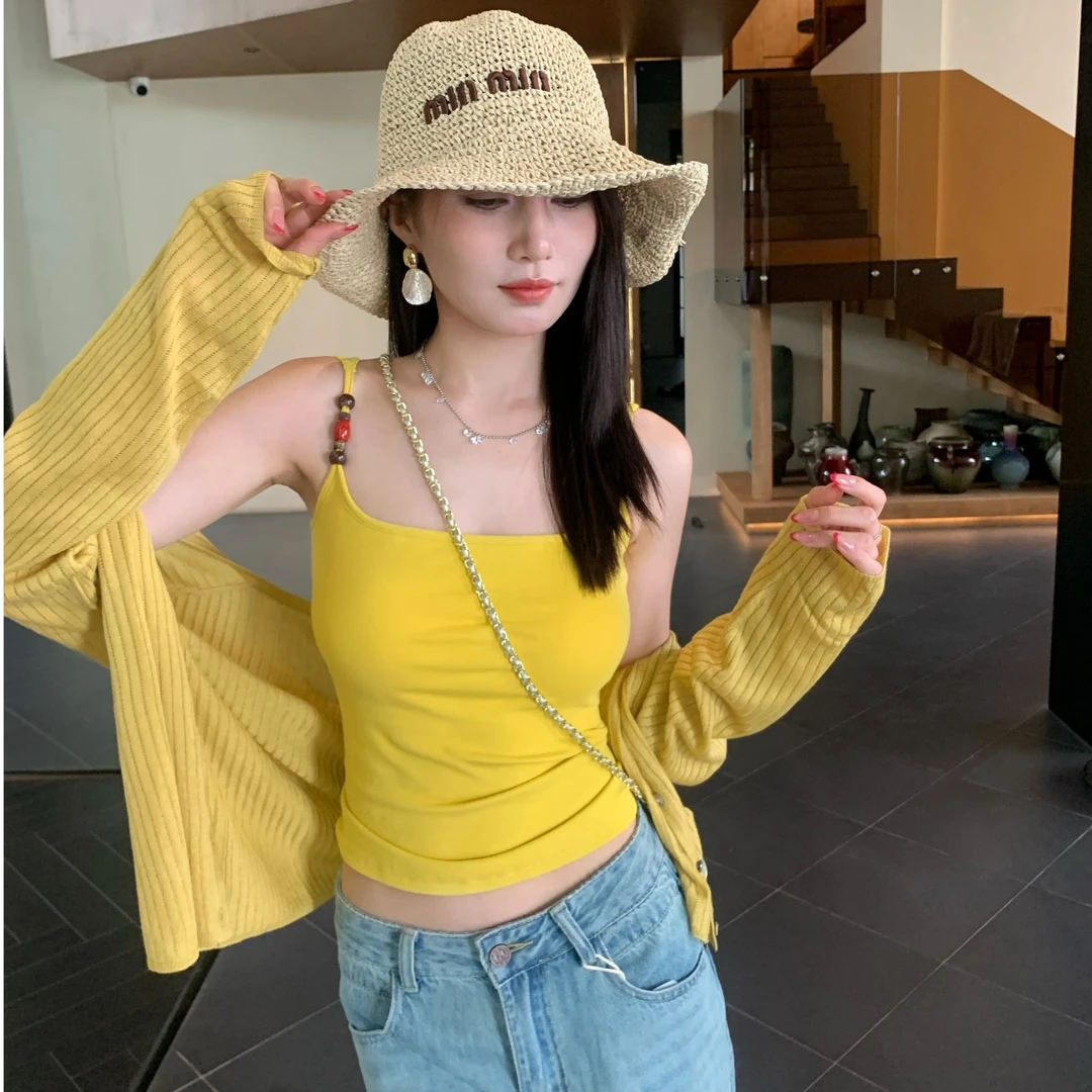 串珠固定杯一体吊带背心女外穿短款内搭绝美美背无袖上衣