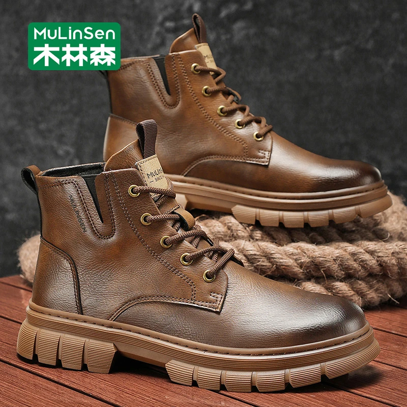 木林森男士马丁靴2025新款英伦风高帮皮鞋秋季休闲短靴工装沙漠靴