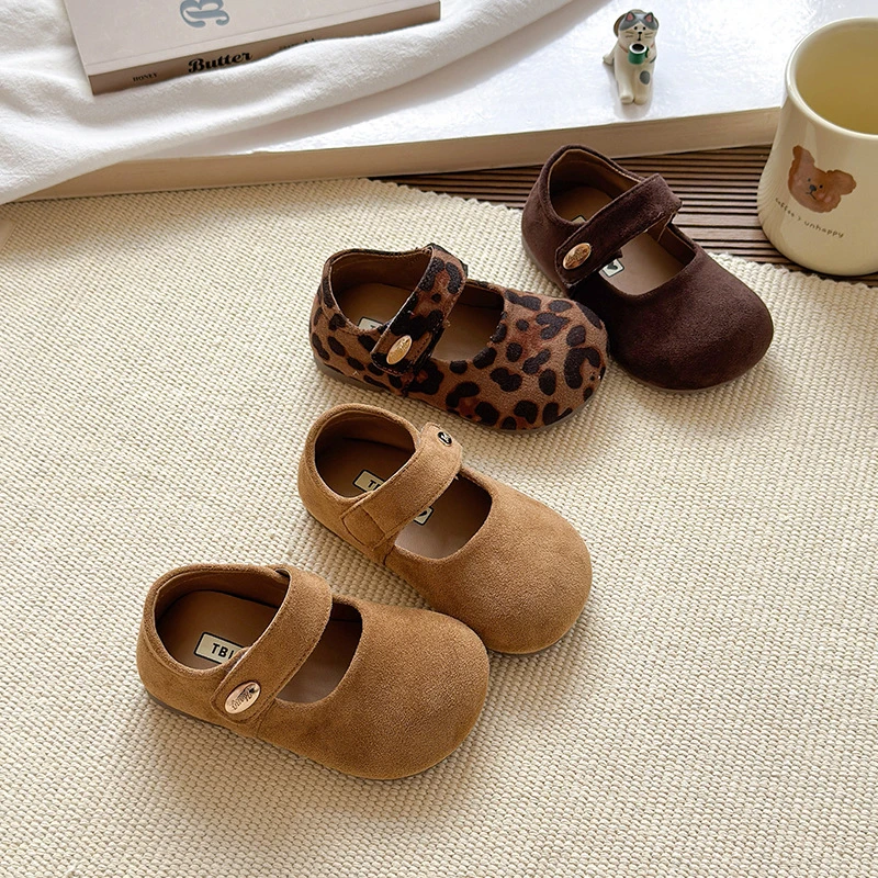 女童玛丽珍复古绒面皮鞋2025春秋新款美拉德色系豹纹公主鞋豆豆鞋