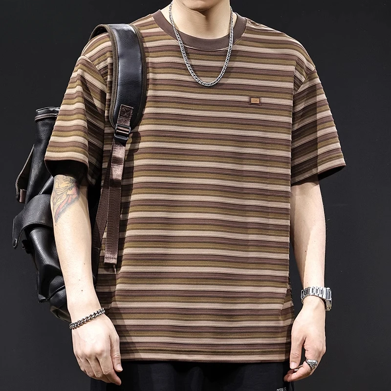 条纹美式潮牌短袖t恤男士夏季2025新款宽松大码衣服重磅拼色体恤