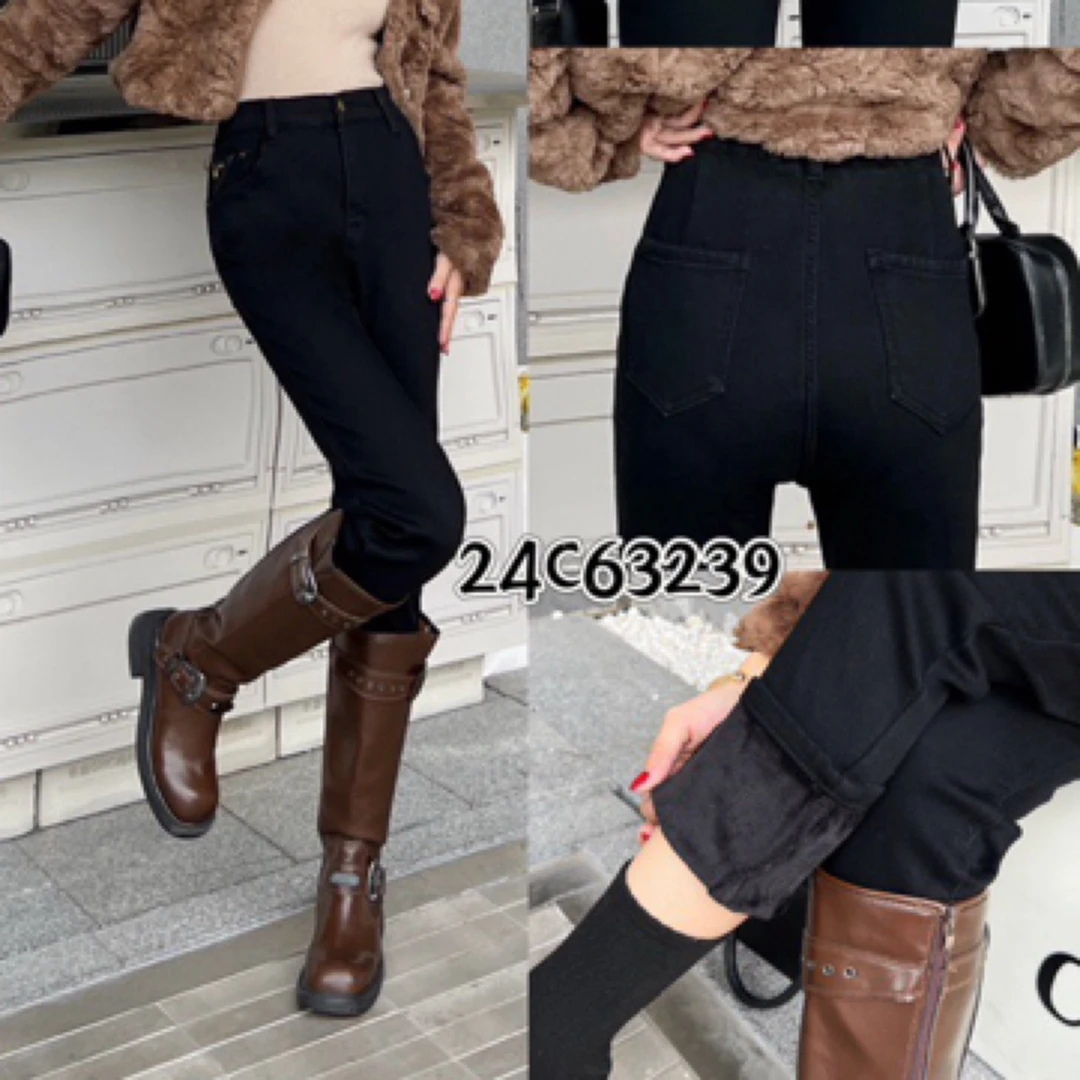 新款休闲时尚百搭简约植绒韩系显瘦牛仔直筒裤牛仔哈伦裤