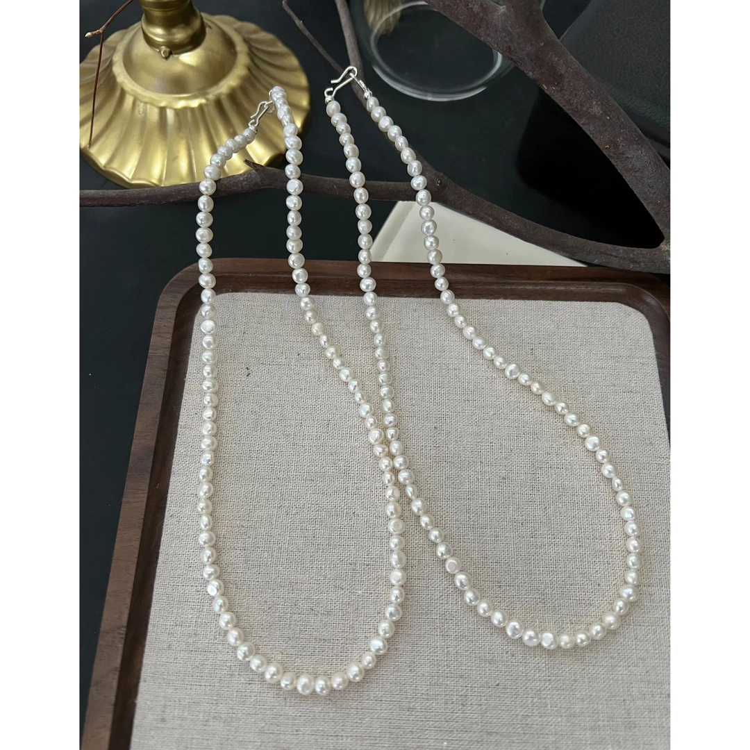 JUNMU天然强光饱满小巴洛克珍珠项链925百搭银锁骨链颈链