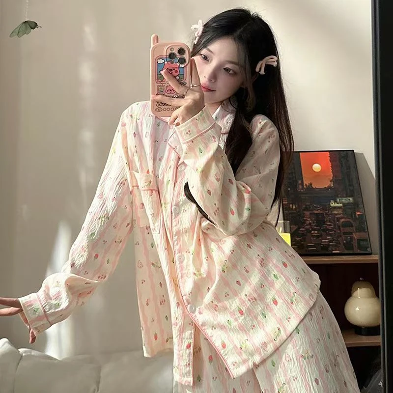 粉条纹小熊卡通可爱睡衣女款春秋季2025新款可外穿长袖长裤家居服