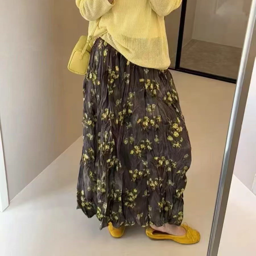 褶皱黄色碎花半身裙女2025时尚大摆裙韩系洋气显瘦长裙（8137）