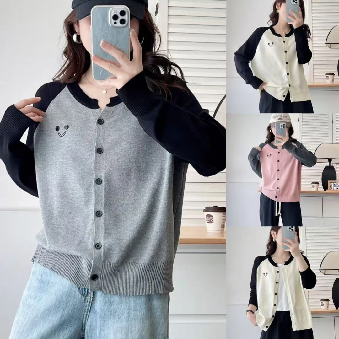 微胖大码女装早春新款拼接撞色软针织开衫V领显瘦遮肉上衣女