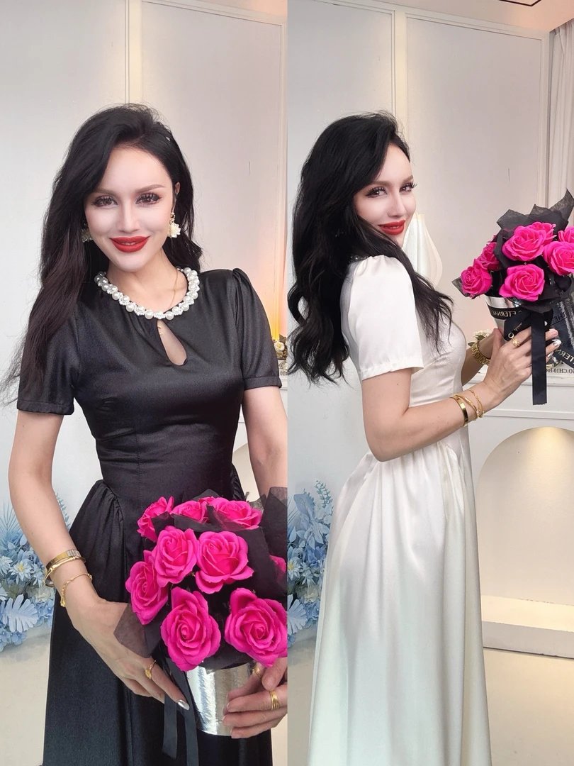 ADLA长度125左右新款短袖黑色圆领连衣裙裙子修身显瘦长连衣裙