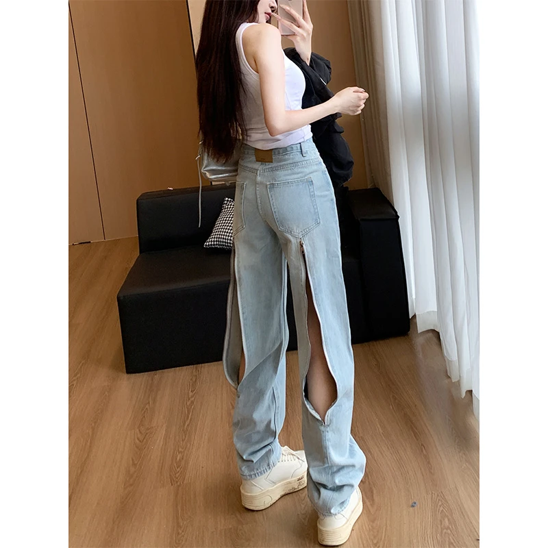 小众设计感后拉链直筒牛仔裤女2025秋季新款高腰显瘦长裤子蛮腰纪