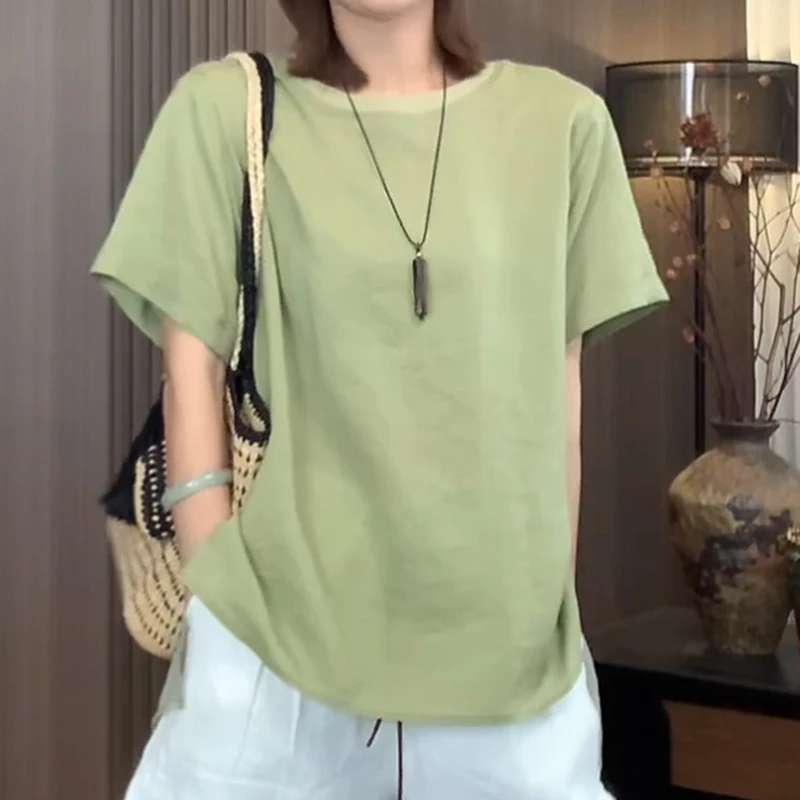 后背拼接蕾丝t恤短袖女款爆款2025新款大码上衣胖mm显瘦遮肉洋气