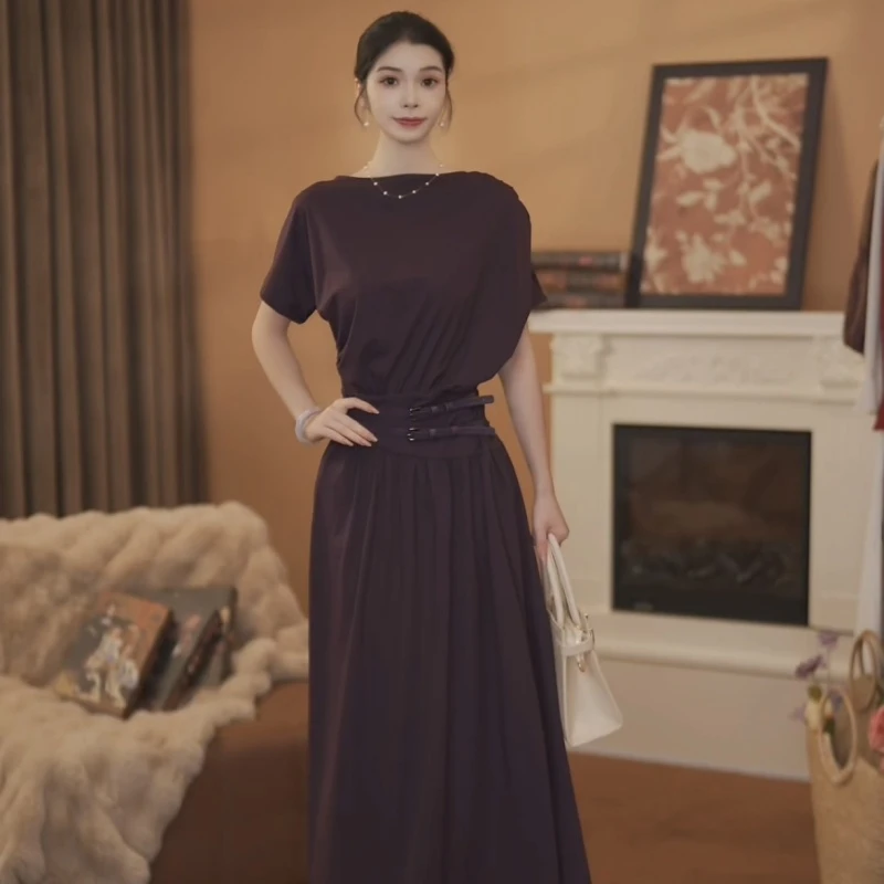 【大吉】金波画卷 春夏法式短袖纯色时尚修身显瘦连衣裙-HZ627