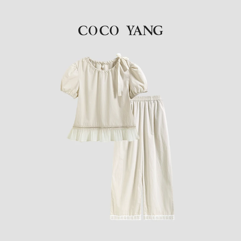 夏季女童套装时尚甜美蕾丝下摆短袖T恤+阔腿九分裤两件套-SU186