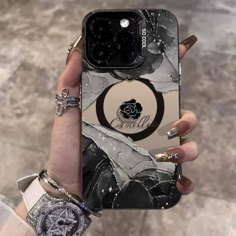 适用晕染山茶花磁吸壳个性苹果16PROMAX高级感新款iPhone15手机壳