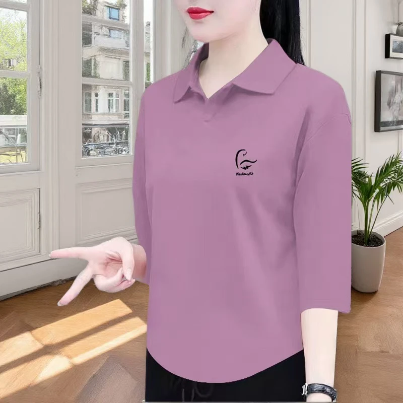 纯棉七分袖t恤女夏季新款翻领百搭宽松显瘦时尚洋polo领上衣