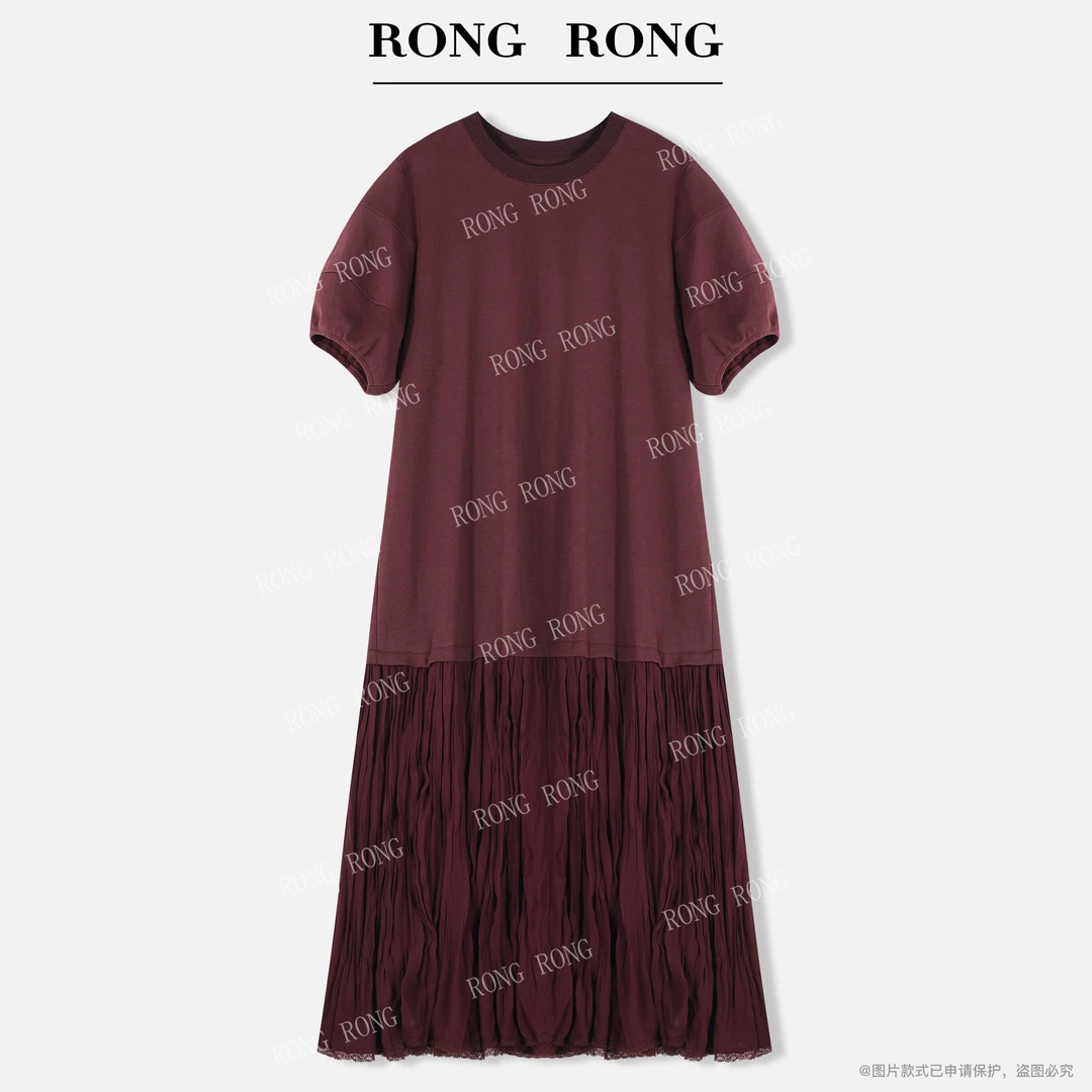 溶溶【暗夜星诗】RONGRONG 螺纹圆领拼接雪纺蕾丝花边连衣裙25C8123