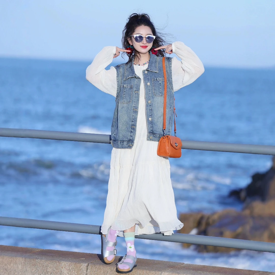 秋装搭配一整套大码胖mm牛仔马甲连衣裙韩系温柔海边度假风套装女